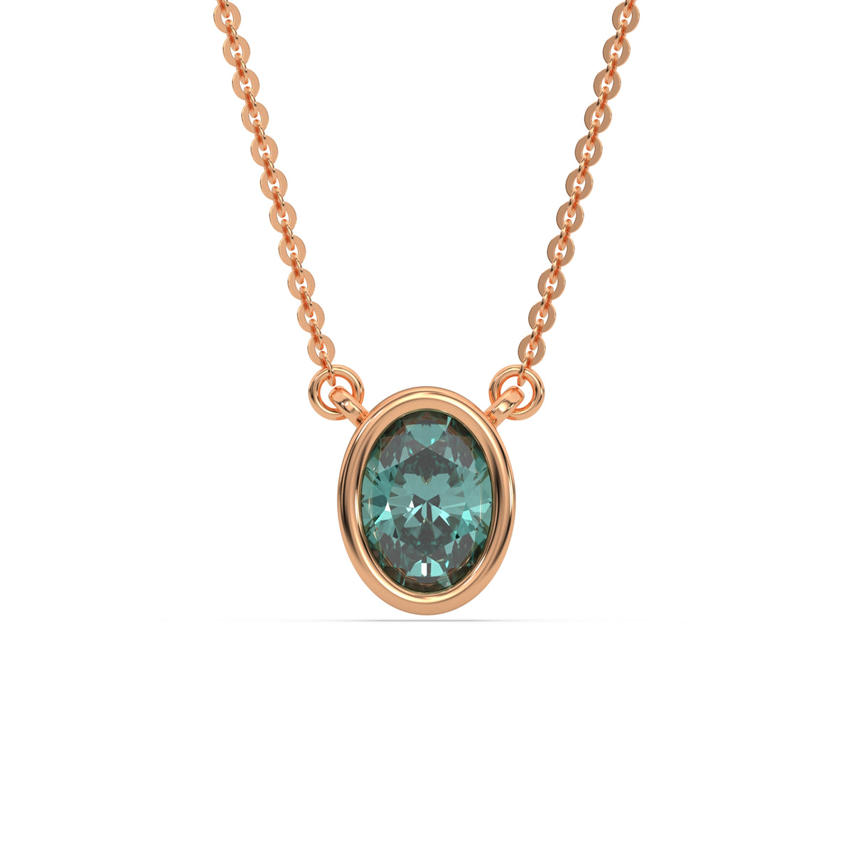 This rose gold Fancy Green Oval Solitaire Diamond Necklace made with an fancy Green oval cut diamond in bezel setting with adjustable chain in top view