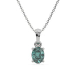 This white gold Fancy Green Oval Solitaire Diamond Necklace made with an fancy Green oval cut diamond in a four prong setting with adjustable chain in top view