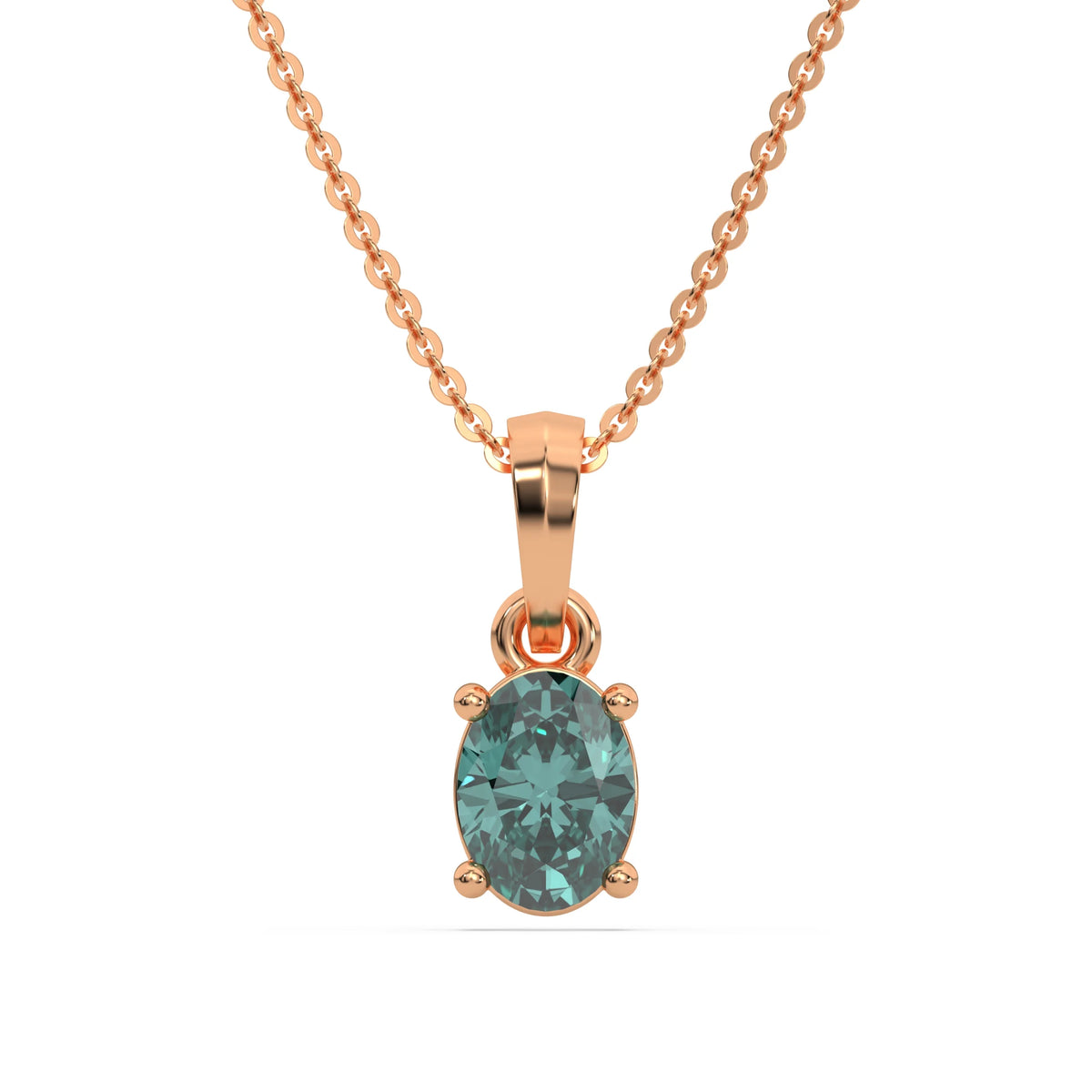 This rose gold Fancy Green Oval Solitaire Diamond Necklace made with an fancy Green oval cut diamond in a four prong setting with adjustable chain in top view