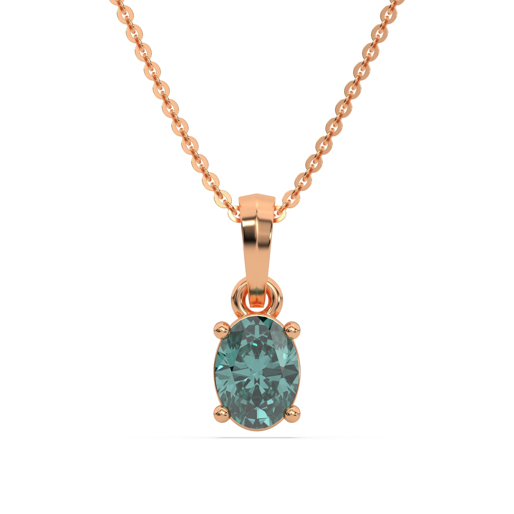 This rose gold Fancy Green Oval Solitaire Diamond Necklace made with an fancy Green oval cut diamond in a four prong setting with adjustable chain in top view