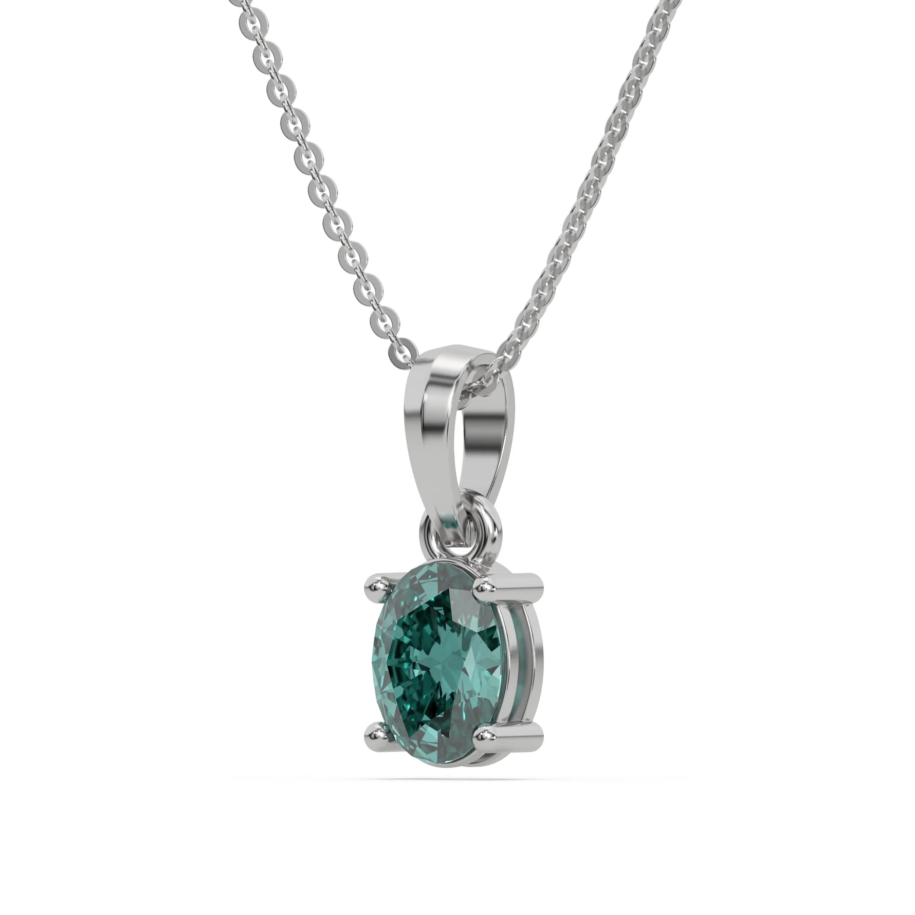 This white gold Fancy Green Oval Solitaire Diamond Necklace made with an fancy Green oval cut diamond in a four prong setting with adjustable chain in side view