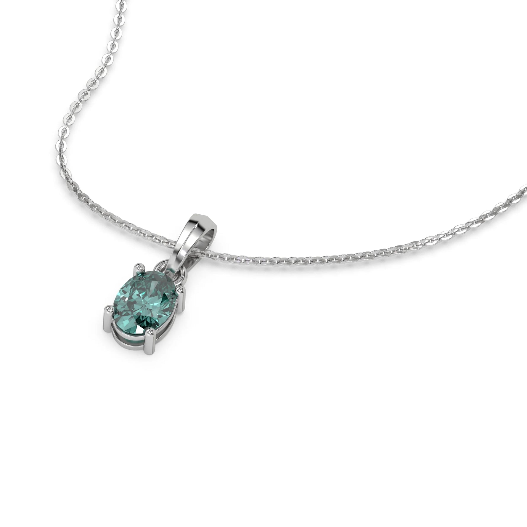 This white gold Fancy Green Oval Solitaire Diamond Necklace made with an fancy Green oval cut diamond in a four prong setting with adjustable chain in 3d view