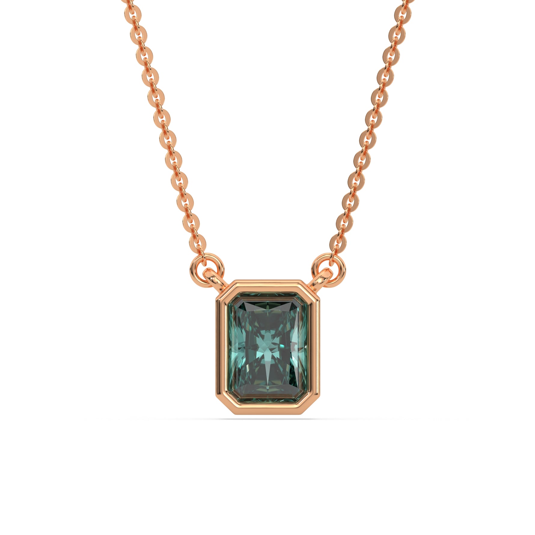 This rose gold Fancy Green Radiant Solitaire Diamond Necklace made with a fancy Green radiant cut diamond in bezel setting with adjustable chain in top view