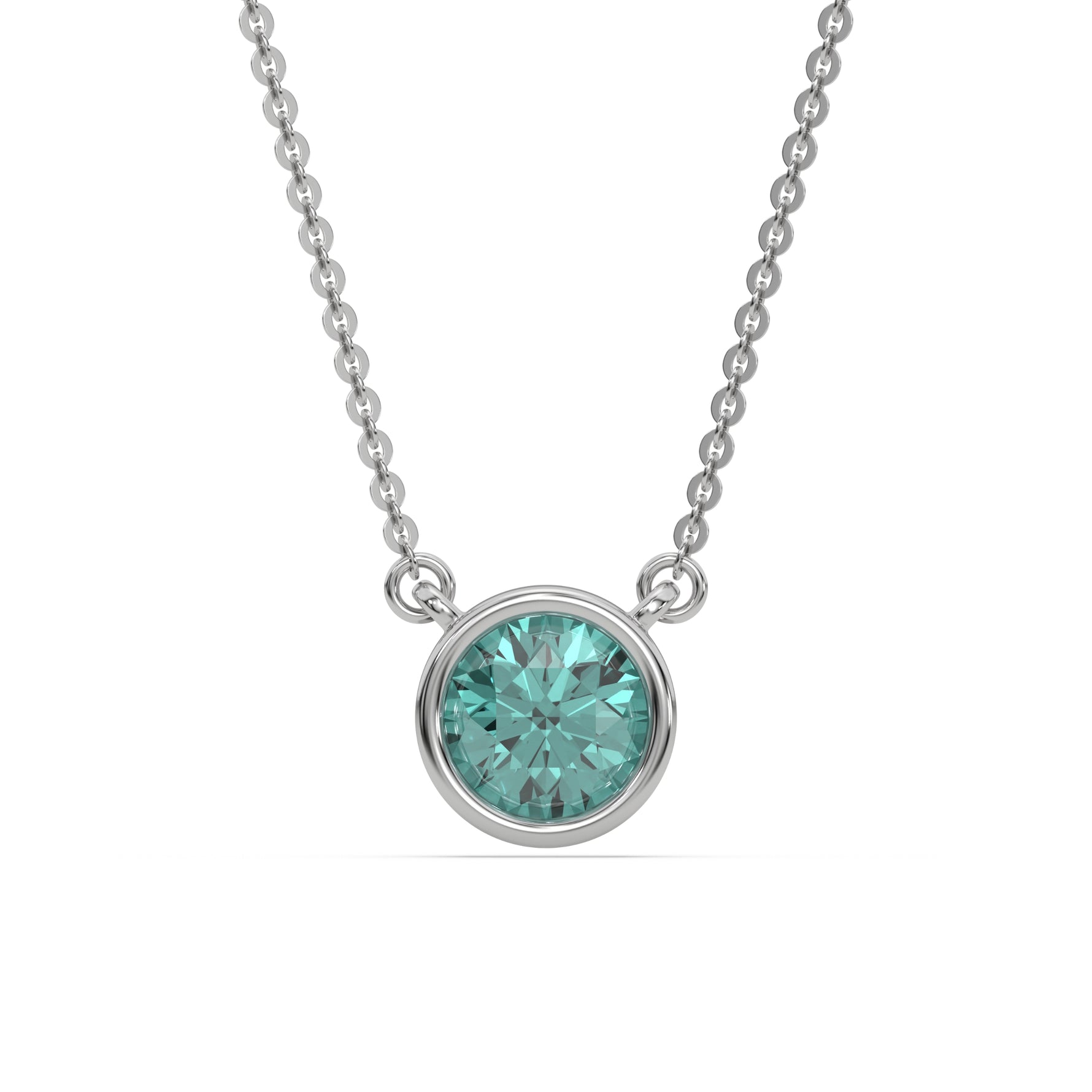 This white gold Fancy Green Round Solitaire Diamond Necklace made with a fancy Green round brilliant-cut diamond in bezel setting with adjustable chain in top view