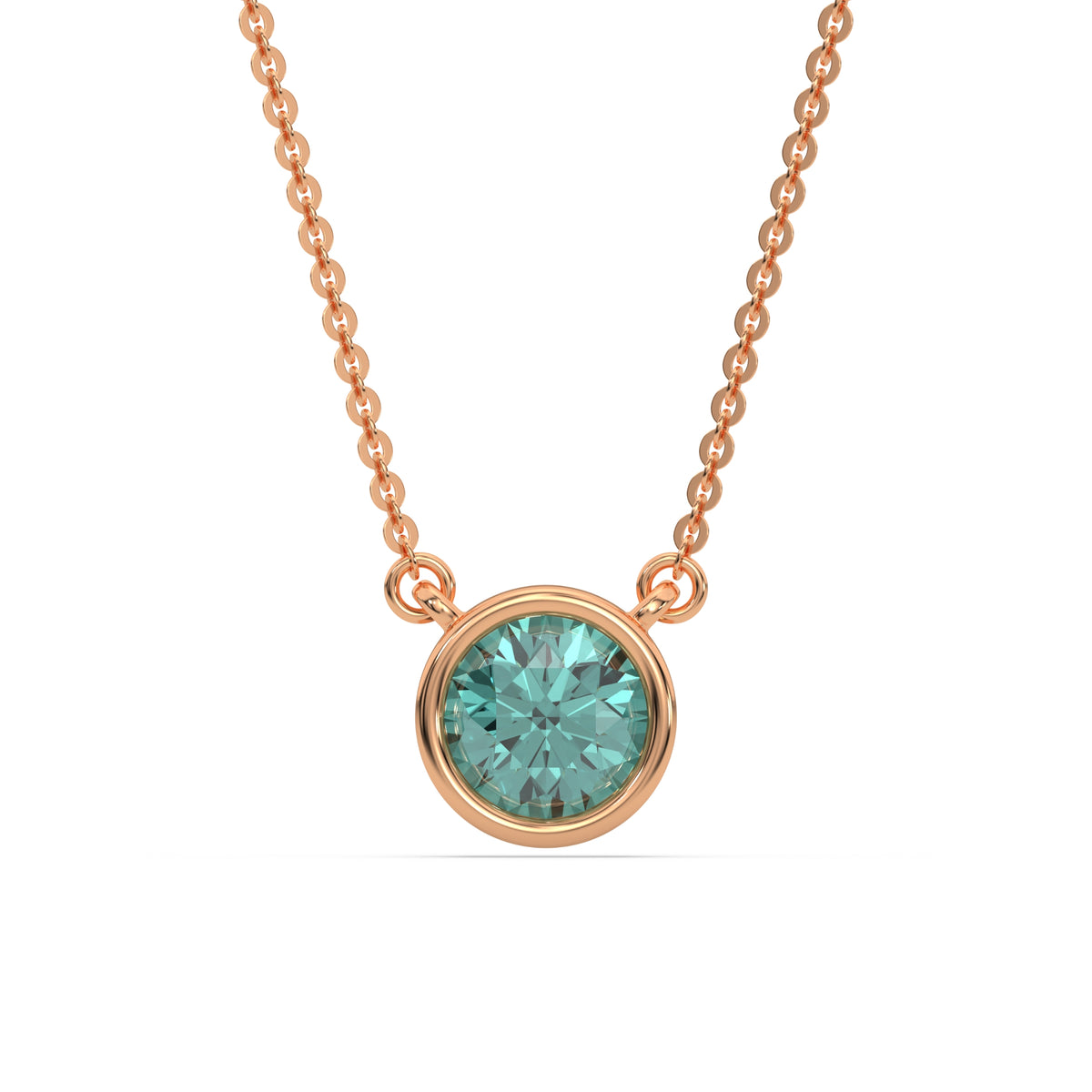 This rose gold Fancy Green Round Solitaire Diamond Necklace made with a fancy Green round brilliant-cut diamond in bezel setting with adjustable chain in top view