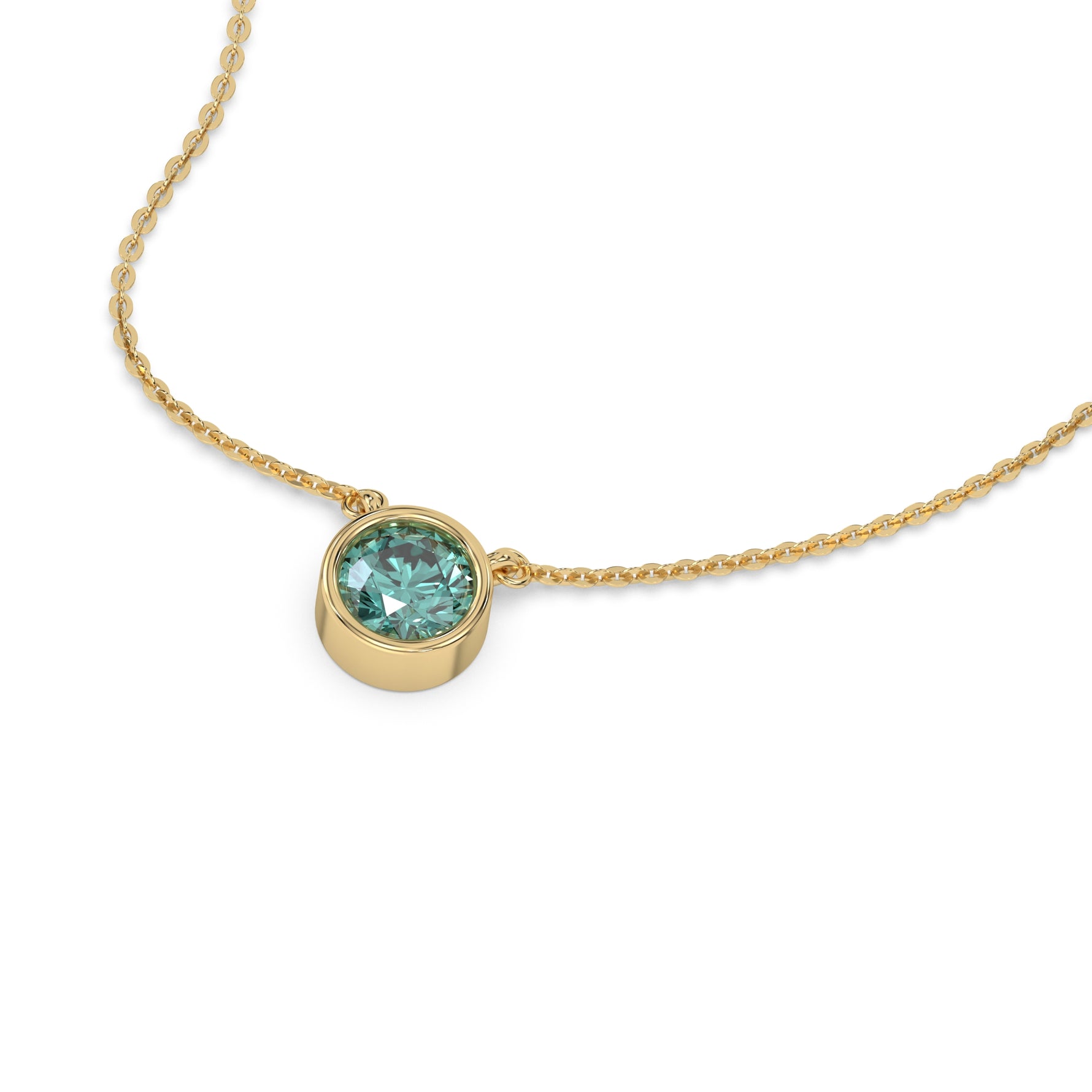 This yellow gold Fancy Green Round Solitaire Diamond Necklace made with a fancy Green round brilliant-cut diamond in bezel setting with adjustable chain in 3d view