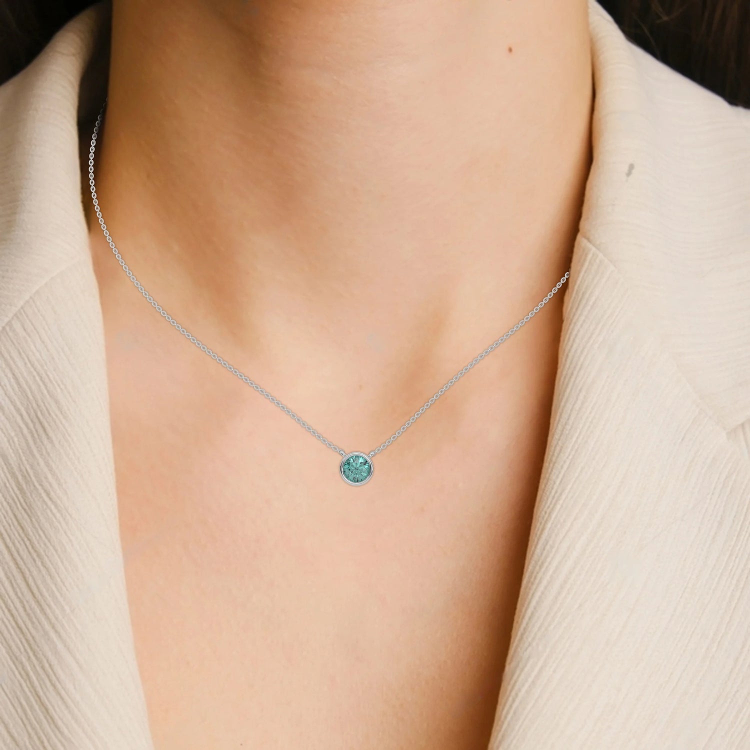 3 CT Fancy Green Diamond Round Bezel Solitaire Necklace