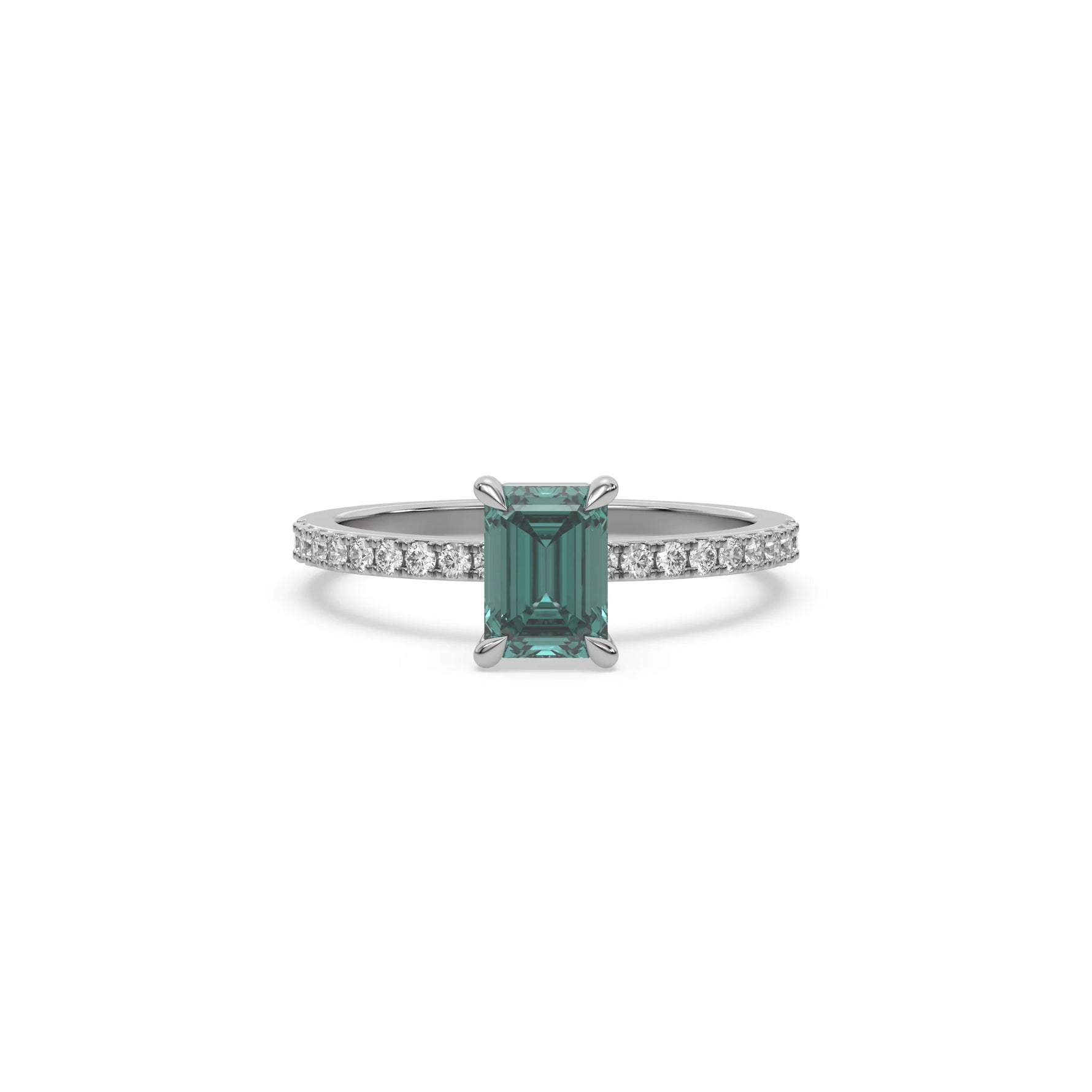 This white gold ring displayed in front view is made with a emerald solitaire diamond set in four-prong setting