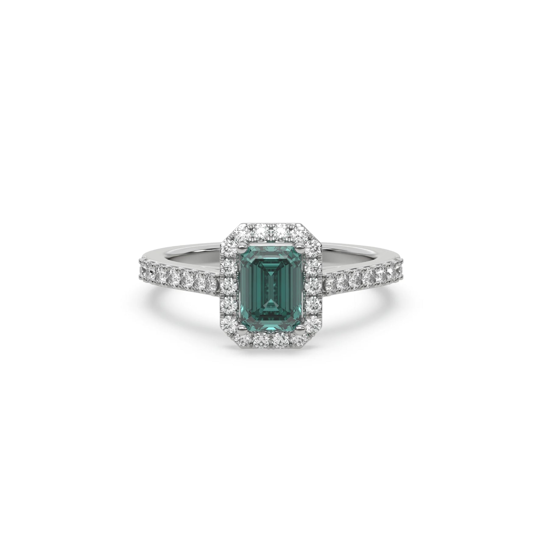 This white gold ring displayed in front view is made with a Emerald solitaire diamond set in four-prong setting