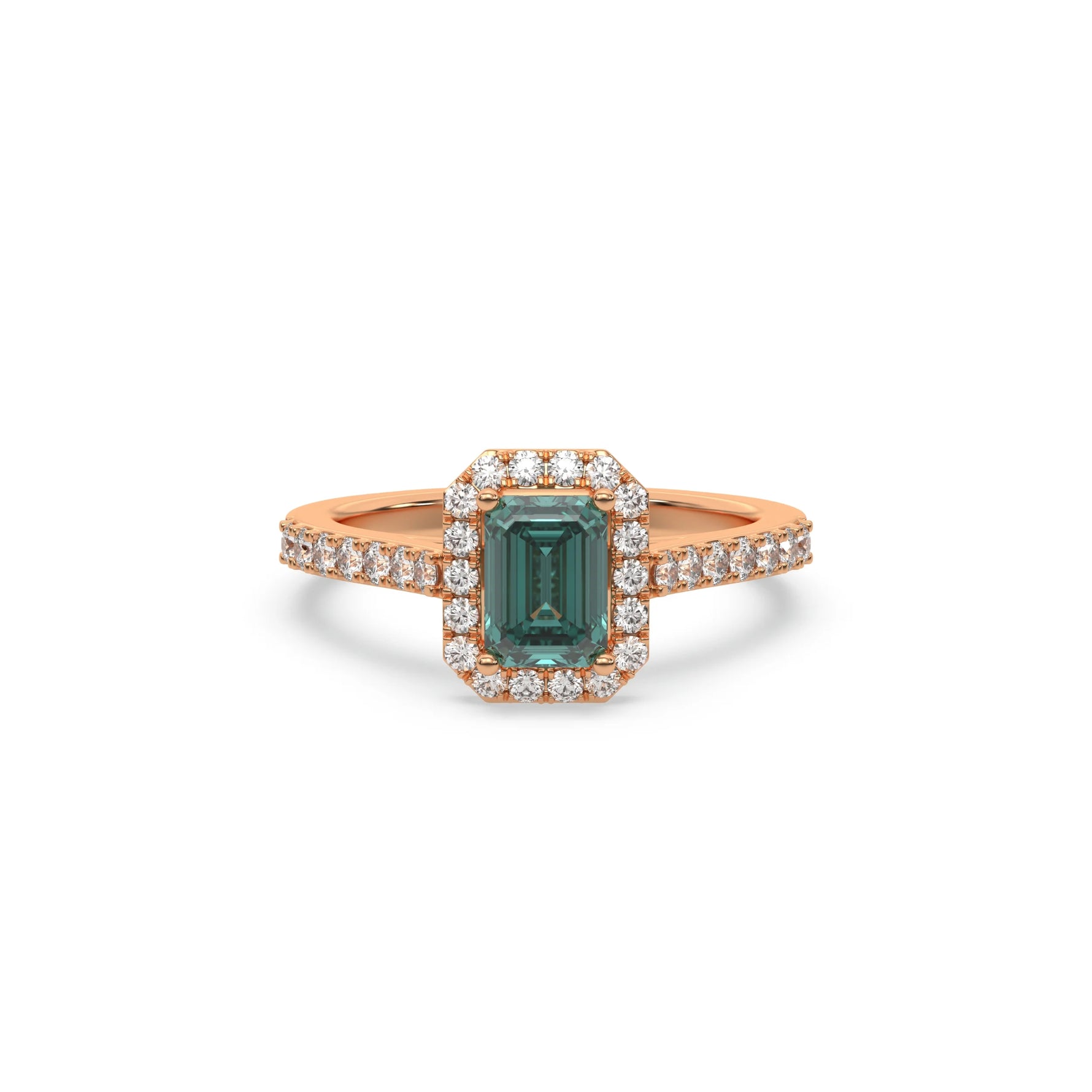 This rose gold ring displayed in front view is made with a Emerald solitaire diamond set in four-prong setting