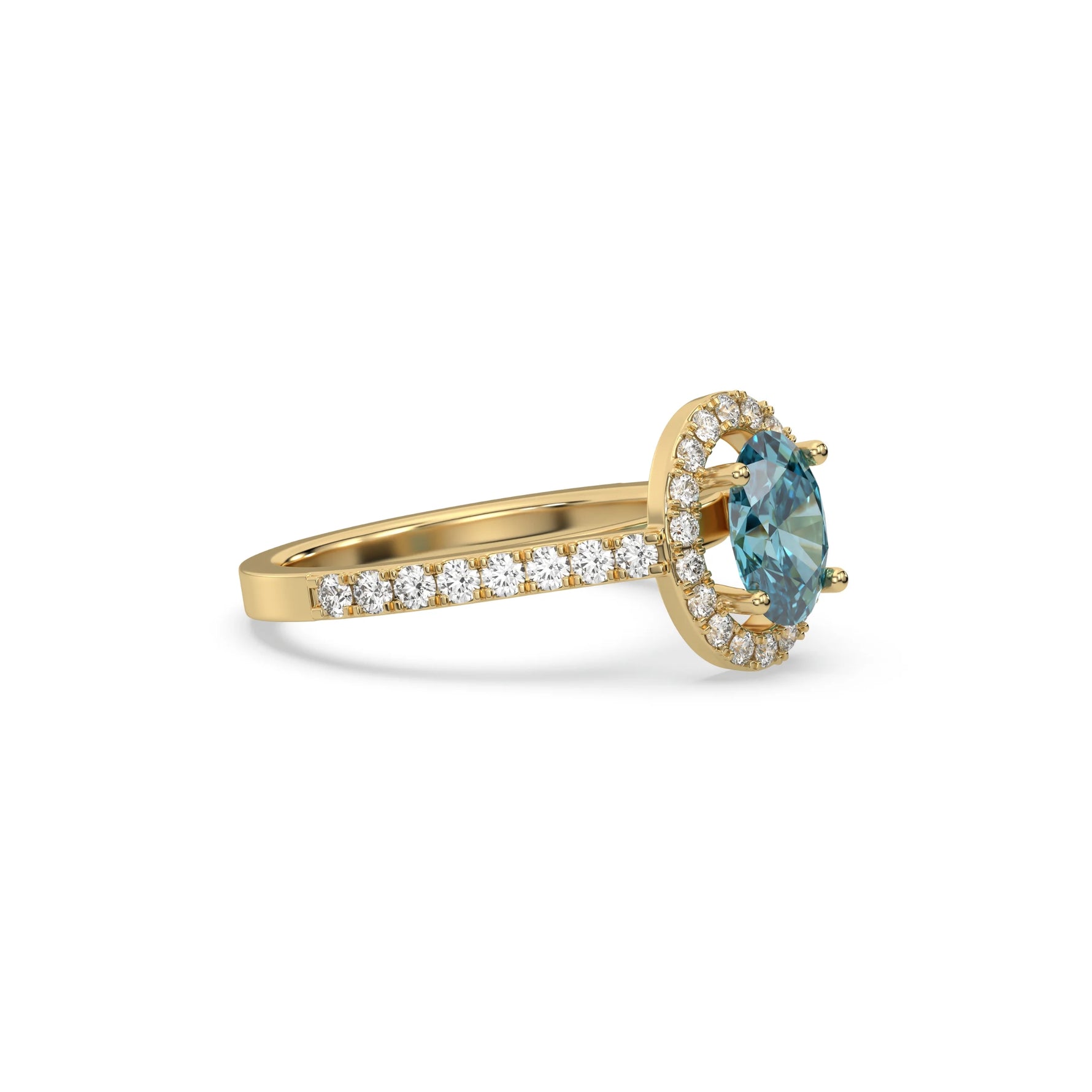 This yellow gold ring displayed in side view is made with a oval solitaire diamond set in four-prong setting