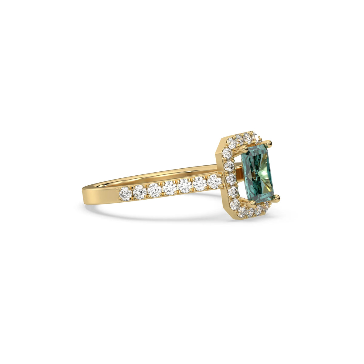 This yellow gold ring displayed in side view is made with a radiant solitaire diamond set in four-prong setting