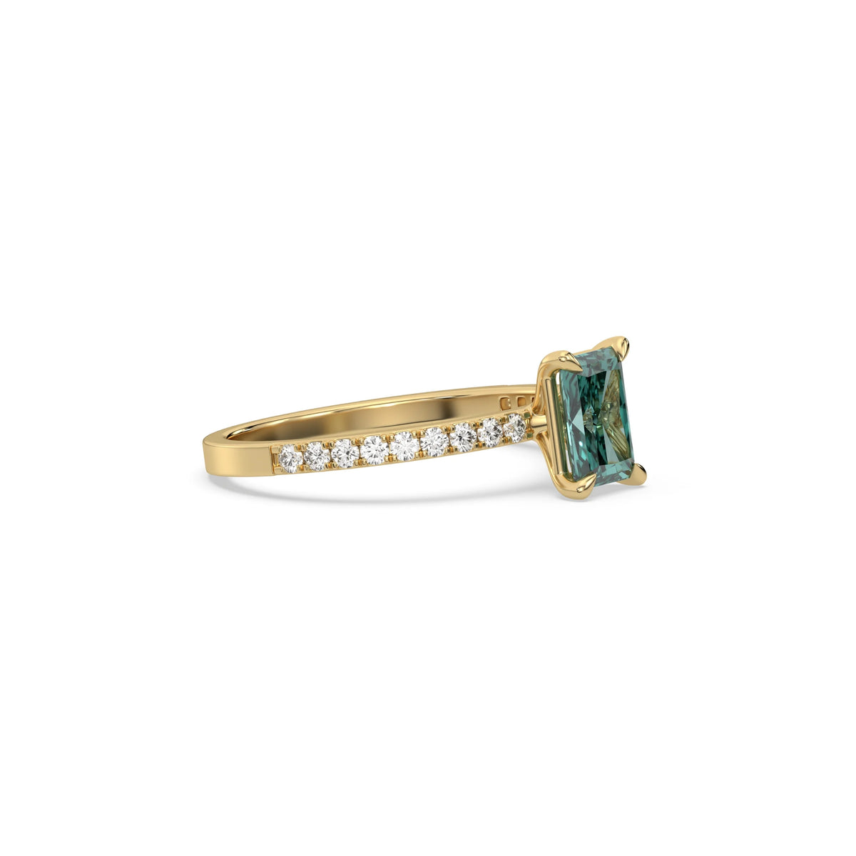 This yellow gold ring displayed in side view is made with a radiant solitaire diamond set in four-prong setting