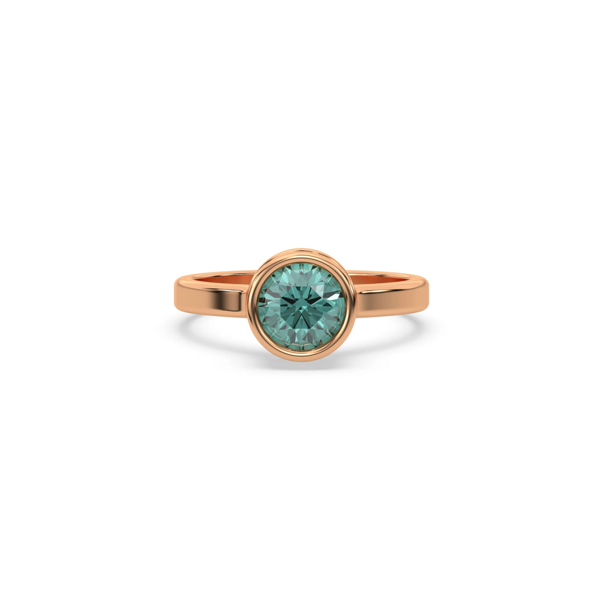 This rose gold ring displayed on front view is made with brilliant round solitaire diamond set in bezel setting