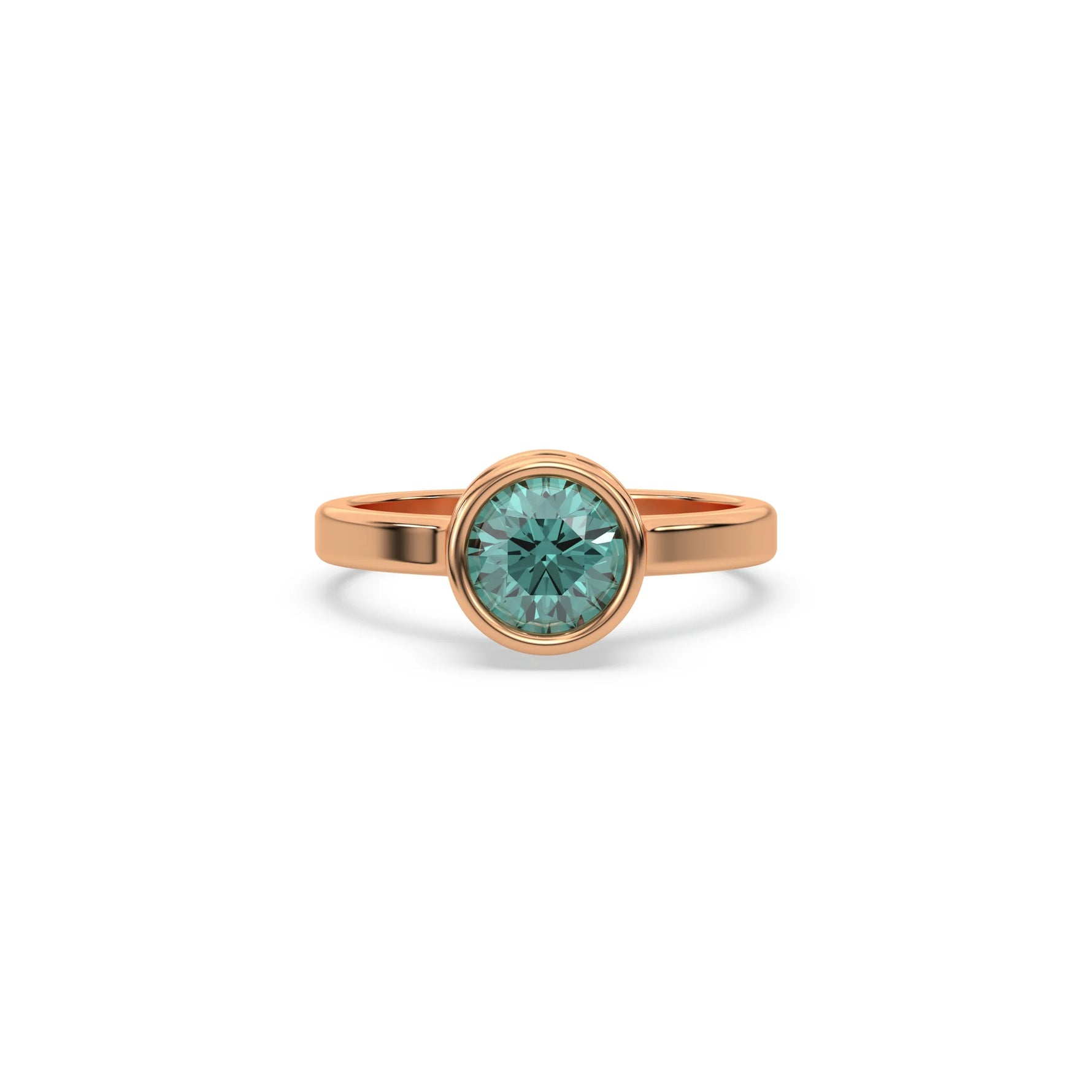 This rose gold ring displayed on front view is made with brilliant round solitaire diamond set in bezel setting