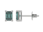 14k white gold Radiant Diamond Earrings made with a fancy green radiant cut diamond set in a four prong setting