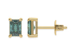 14k yellow gold Radiant Diamond Earrings made with a fancy green radiant cut diamond set in a four prong setting