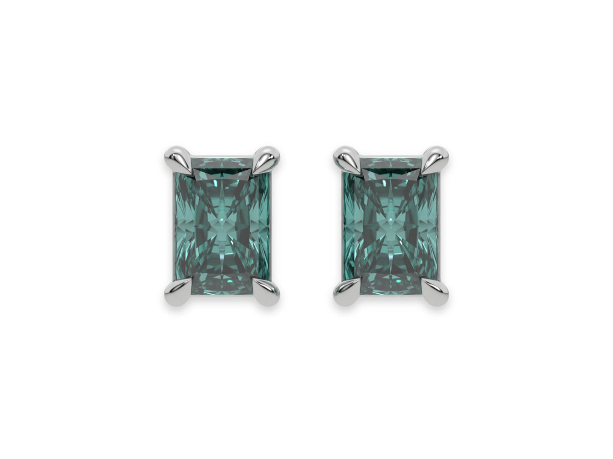 14k yellow gold Radiant Diamond Earrings made with a fancy green radiant cut diamond set in a four prong setting