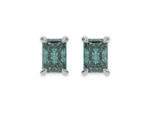 14k yellow gold Radiant Diamond Earrings made with a fancy green radiant cut diamond set in a four prong setting