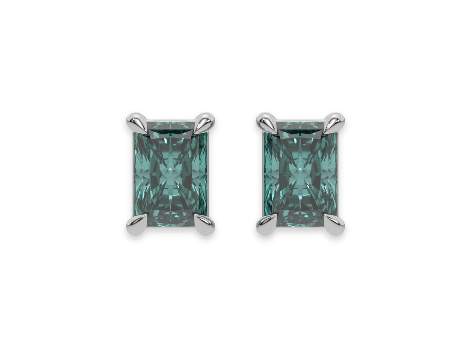 14k yellow gold Radiant Diamond Earrings made with a fancy green radiant cut diamond set in a four prong setting