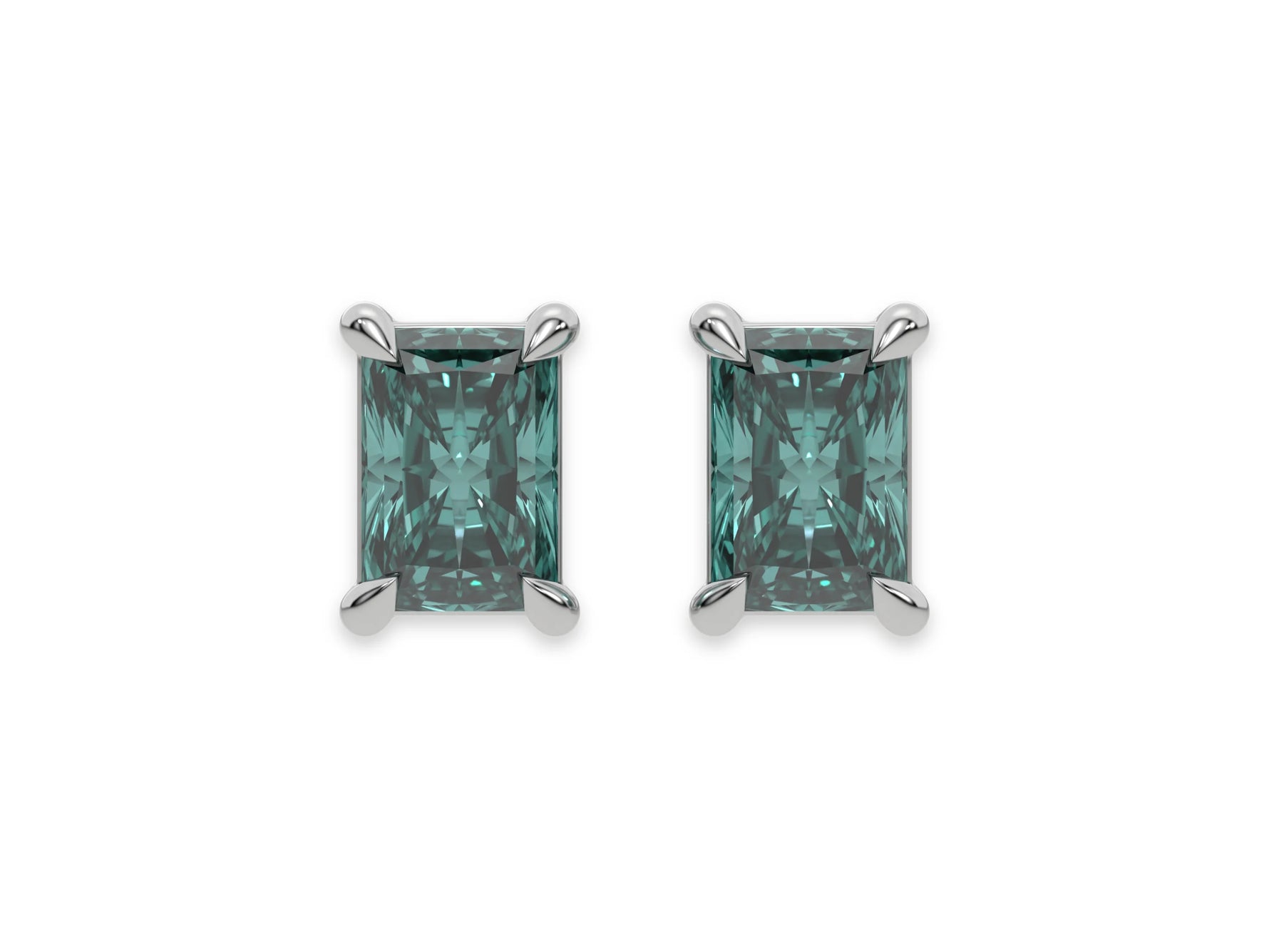 14k yellow gold Radiant Diamond Earrings made with a fancy green radiant cut diamond set in a four prong setting