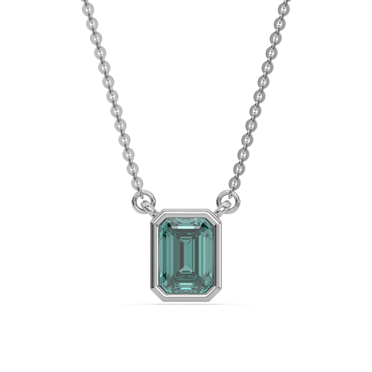 This white gold Fancy Green Emerald Solitaire Diamond Necklace made with an fancy Green emerald cut diamond in bezel setting with adjustable chain in top view