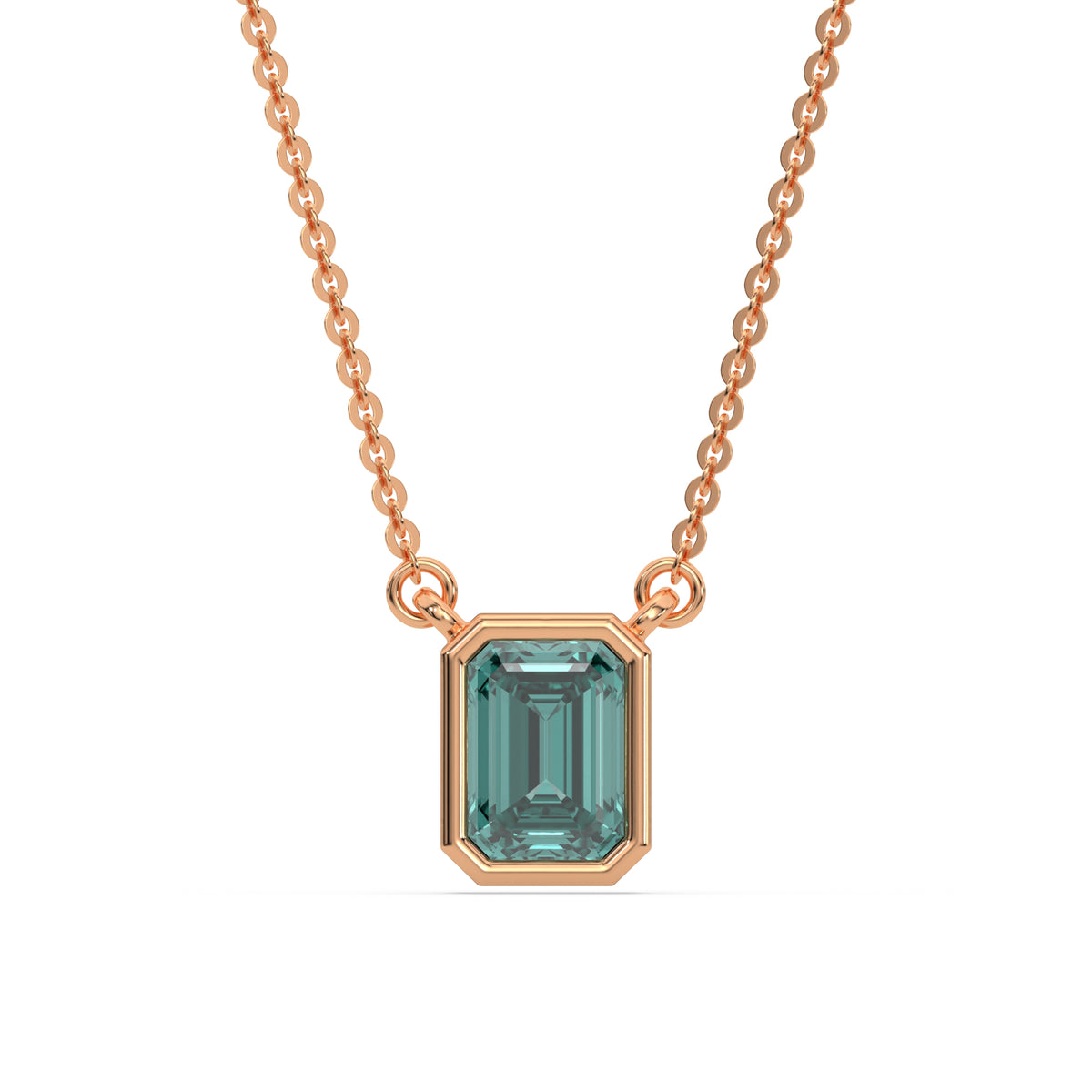 This rose gold Fancy Green Emerald Solitaire Diamond Necklace made with an fancy Green emerald cut diamond in bezel setting with adjustable chain in top view