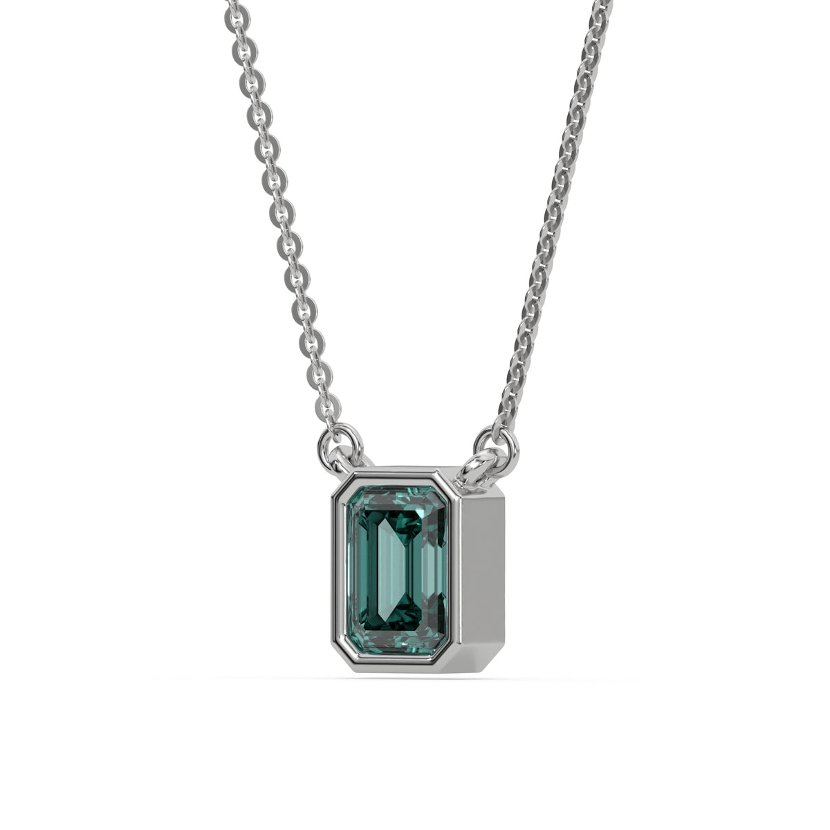 This white gold Fancy Green Emerald Solitaire Diamond Necklace made with an fancy Green emerald cut diamond in bezel setting with adjustable chain in side view