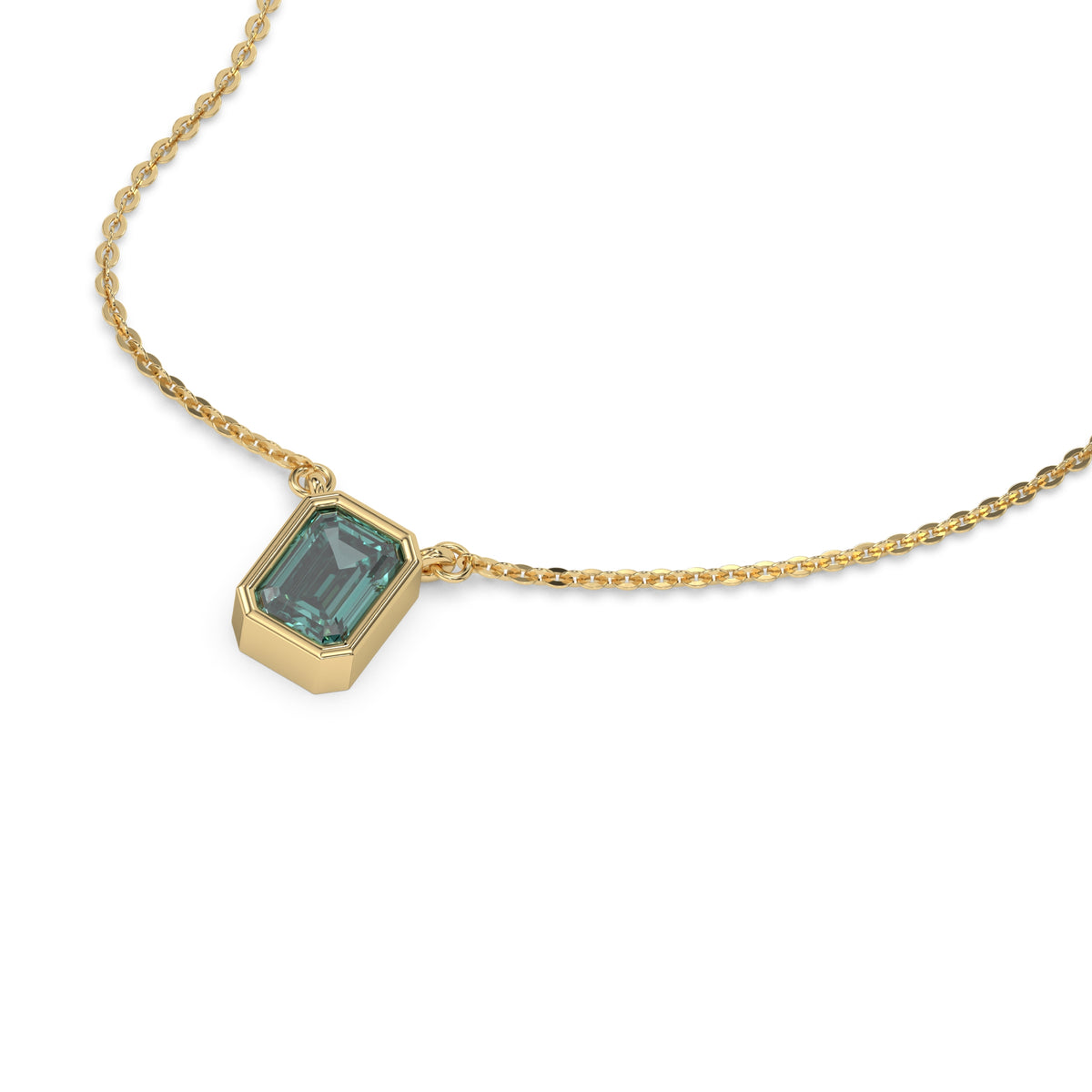 This yellow gold Fancy Green Emerald Solitaire Diamond Necklace made with an fancy Green emerald cut diamond in bezel setting with adjustable chain in 3d view