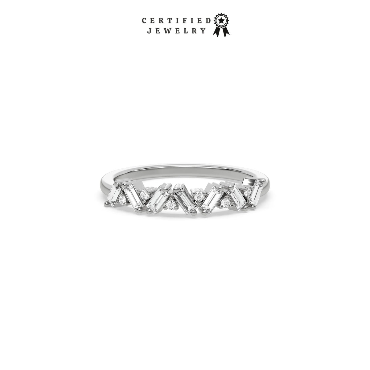 This white gold ring displayed on front view is made with round brilliant-cut diamonds and baguette set in a prong setting