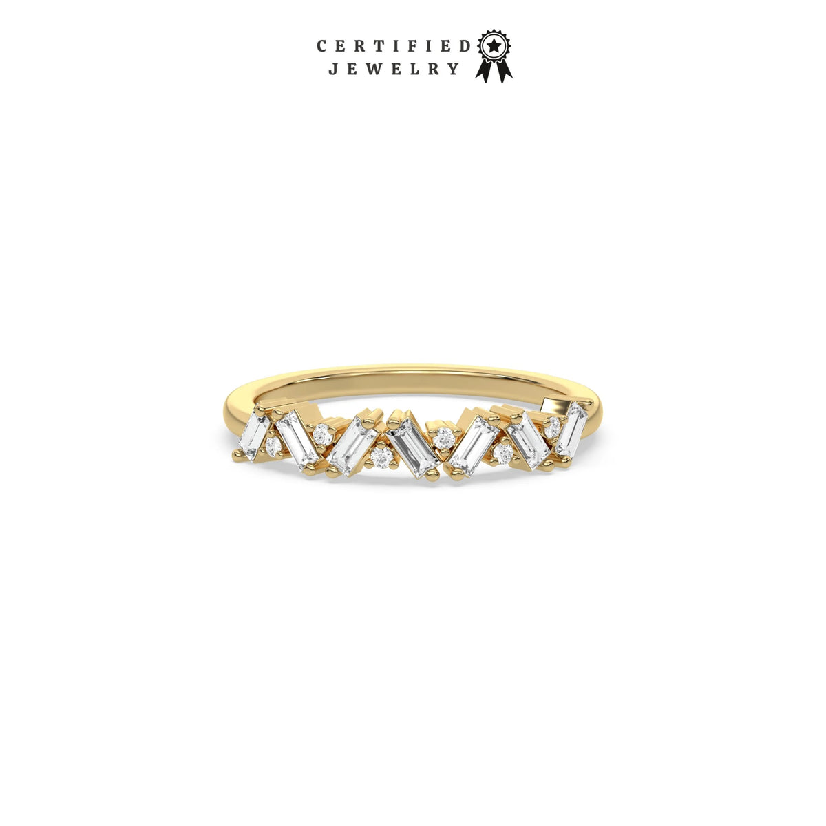 This yellow gold ring displayed on front view is made with round brilliant-cut diamonds and baguette set in a prong setting