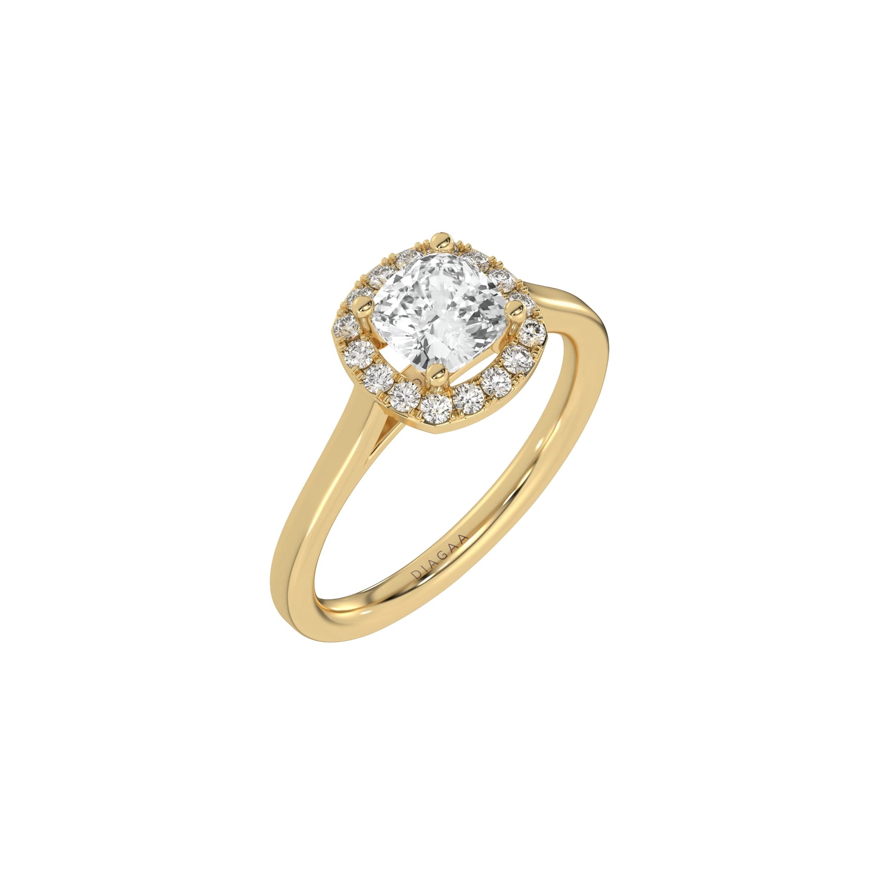 This yellow gold ring features a cushion solitaire diamond set in a four-prong setting, surrounded by a halo of round diamonds, all resting on a delicate gold band in 3D view