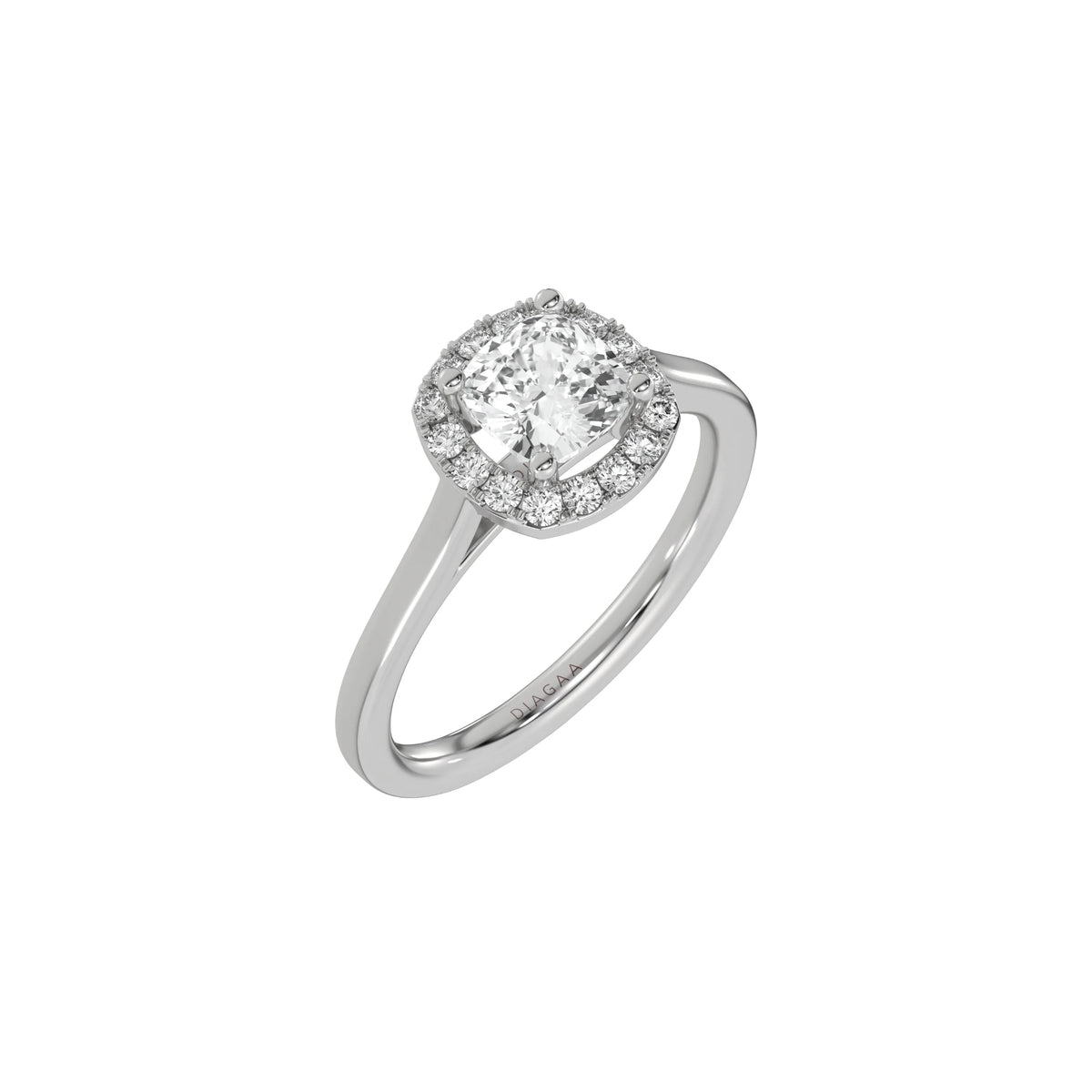 This white gold ring features a cushion solitaire diamond set in a four-prong setting, surrounded by a halo of round diamonds, all resting on a delicate gold band in 3D view