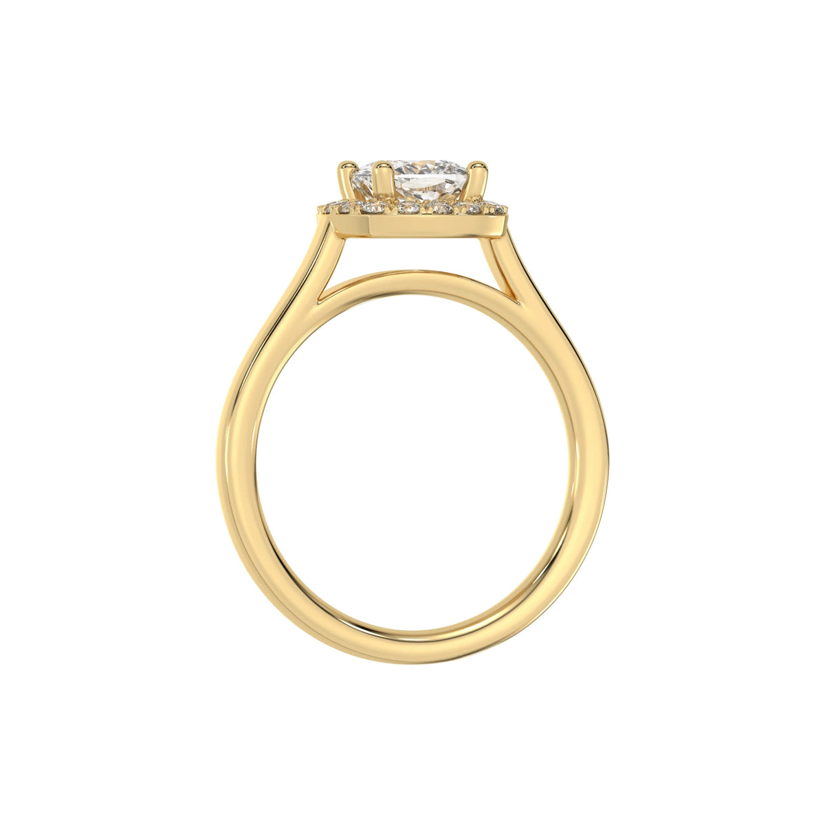 This yellow gold ring features a cushion solitaire diamond set in a four-prong setting, surrounded by a halo of round diamonds, all resting on a delicate gold band in through finger view