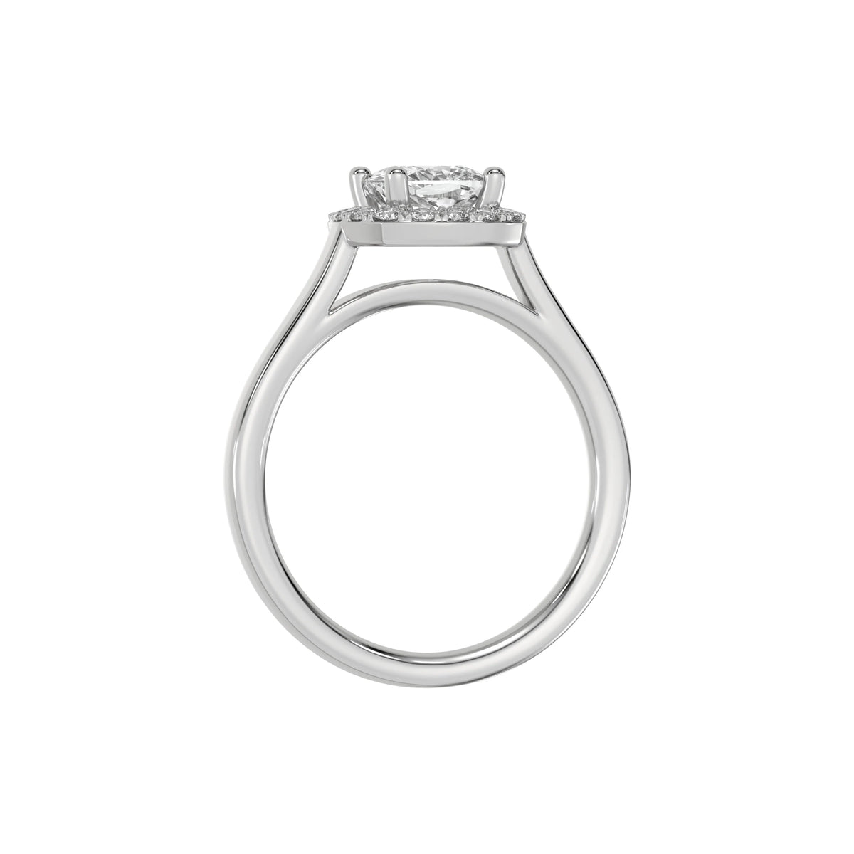 This white gold ring features a cushion solitaire diamond set in a four-prong setting, surrounded by a halo of round diamonds, all resting on a delicate gold band in through finger view