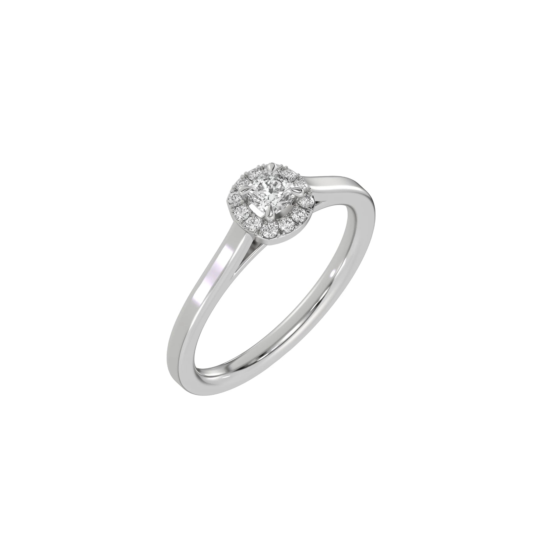 This white gold ring features a cushion solitaire diamond elegantly secured in a four-prong setting on a solid gold band in 3D view