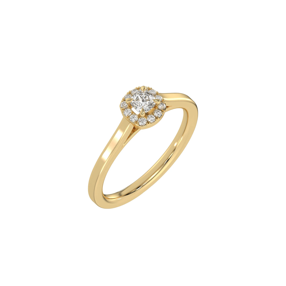 This yellow gold ring features a cushion solitaire diamond elegantly secured in a four-prong setting on a solid gold band in 3D view