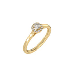 This yellow gold ring features a cushion solitaire diamond elegantly secured in a four-prong setting on a solid gold band in 3D view