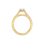 This yellow gold ring features a cushion solitaire diamond elegantly secured in a four-prong setting on a solid gold band in through finger view