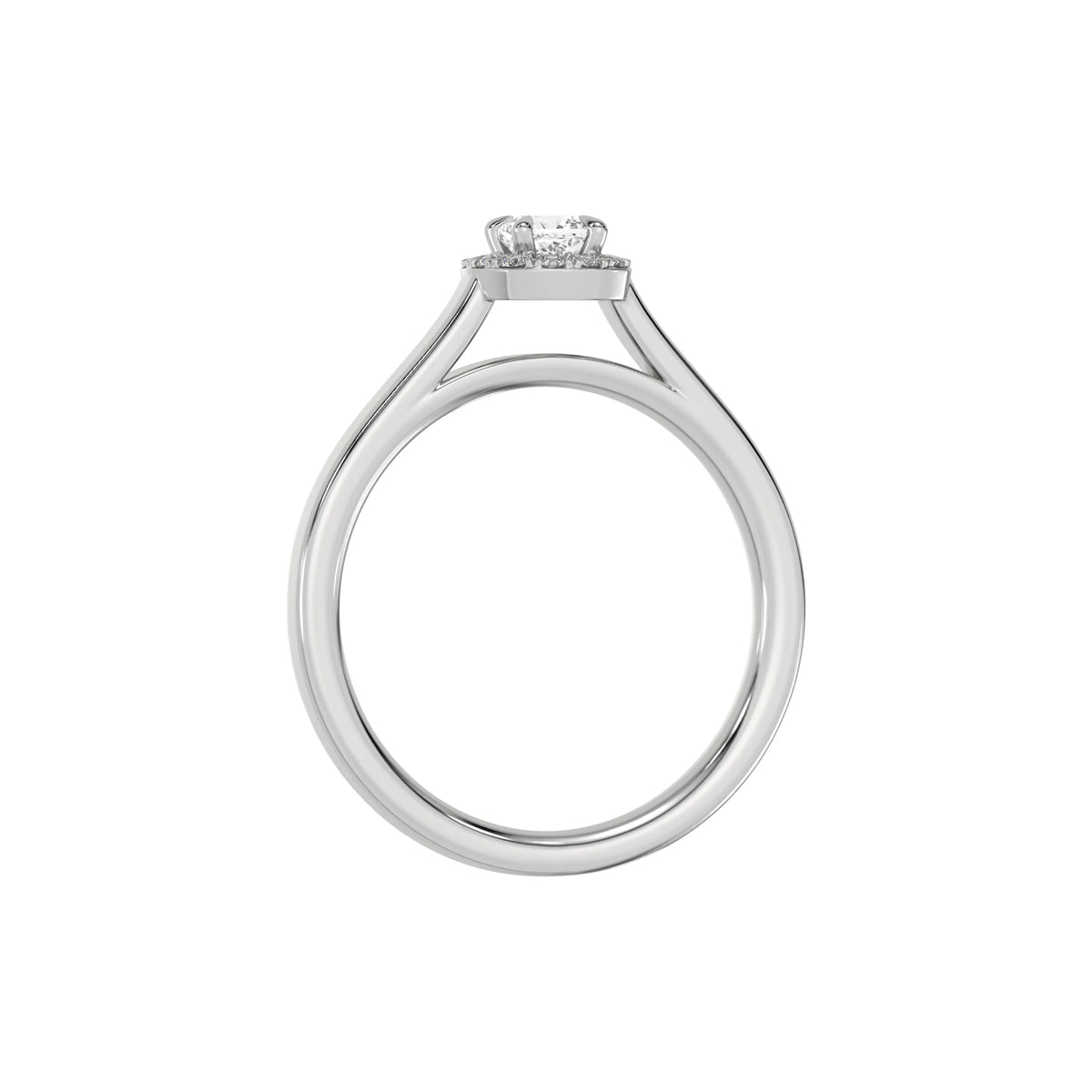 This white gold ring features a cushion solitaire diamond elegantly secured in a four-prong setting on a solid gold band in through finger view