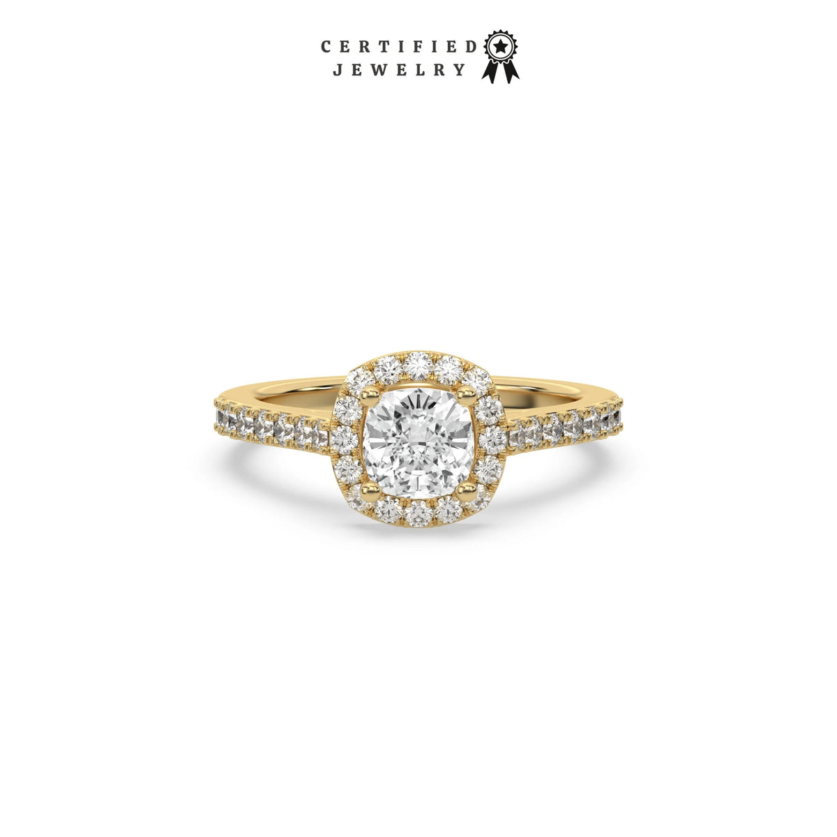 This yellow gold ring displayed in front view is made with a cushion solitaire diamond set in four-prong setting