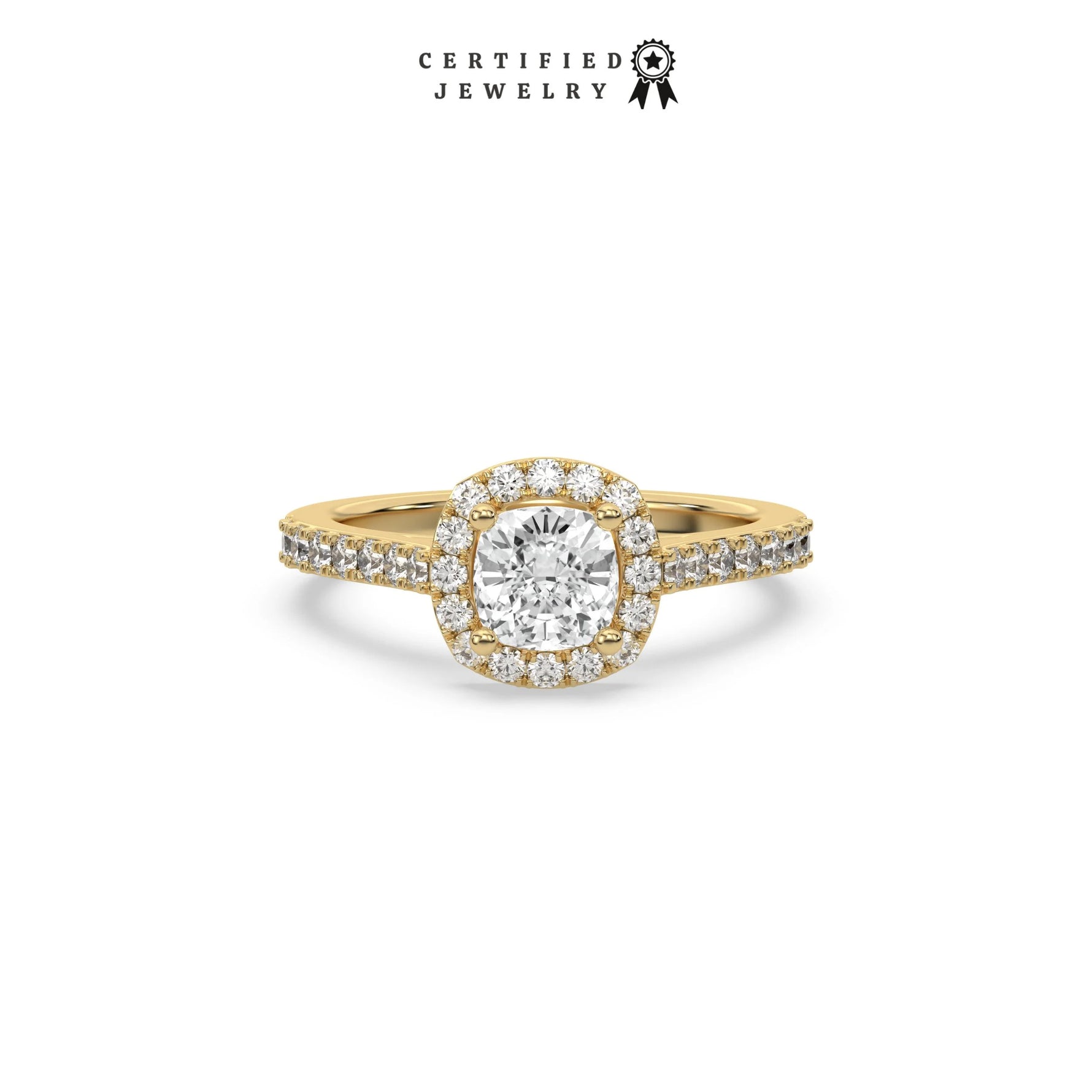 This yellow gold ring displayed in front view is made with a cushion solitaire diamond set in four-prong setting