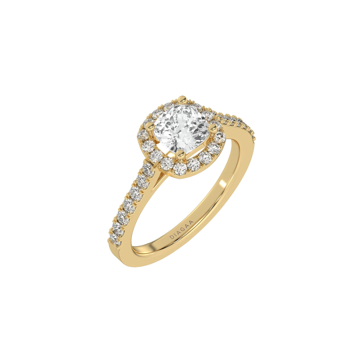 This yellow gold Cushion Diamond Halo Engagement Ring is made with a cushion solitaire diamond set in a four-prong setting, surrounded by a halo of round diamonds all set on a pave band in 3D view