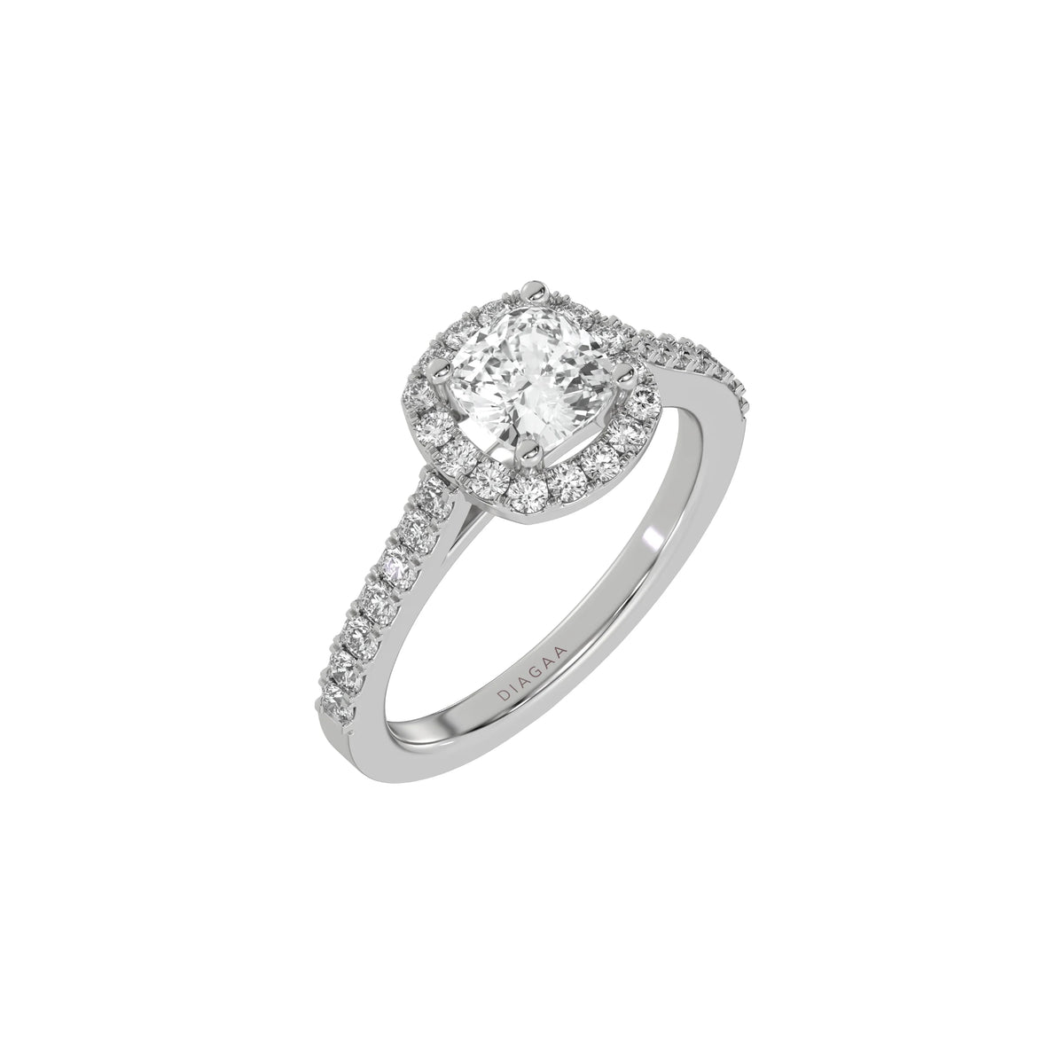 This white gold Cushion Diamond Halo Engagement Ring is made with a cushion solitaire diamond set in a four-prong setting, surrounded by a halo of round diamonds all set on a pave band in 3D view