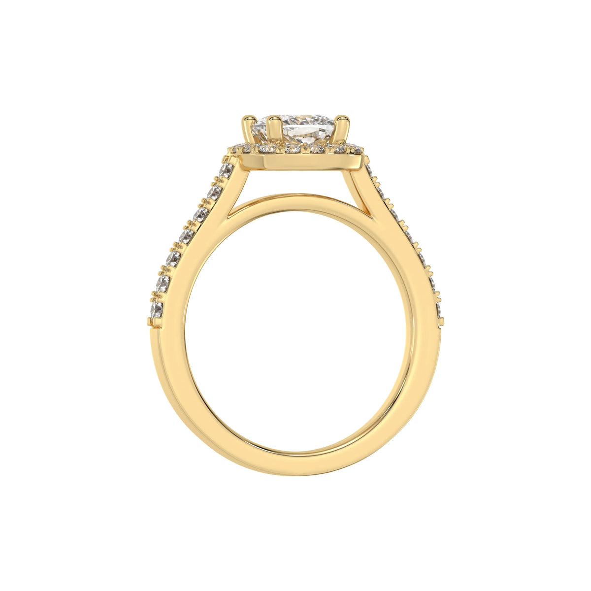 This yellow gold Cushion Diamond Halo Engagement Ring is made with a cushion solitaire diamond set in a four-prong setting, surrounded by a halo of round diamonds all set on a pave band in through finger view