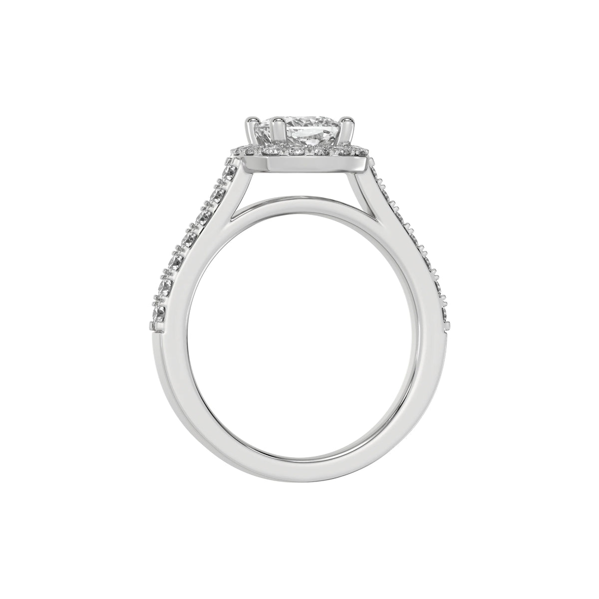 This white gold Cushion Diamond Halo Engagement Ring is made with a cushion solitaire diamond set in a four-prong setting, surrounded by a halo of round diamonds all set on a pave band in through finger view