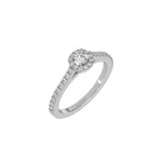 This white gold Cushion Diamond Halo Engagement Ring is made with a cushion solitaire diamond set in a four-prong setting, surrounded by a halo of round diamonds all set on a pave band in 3D view