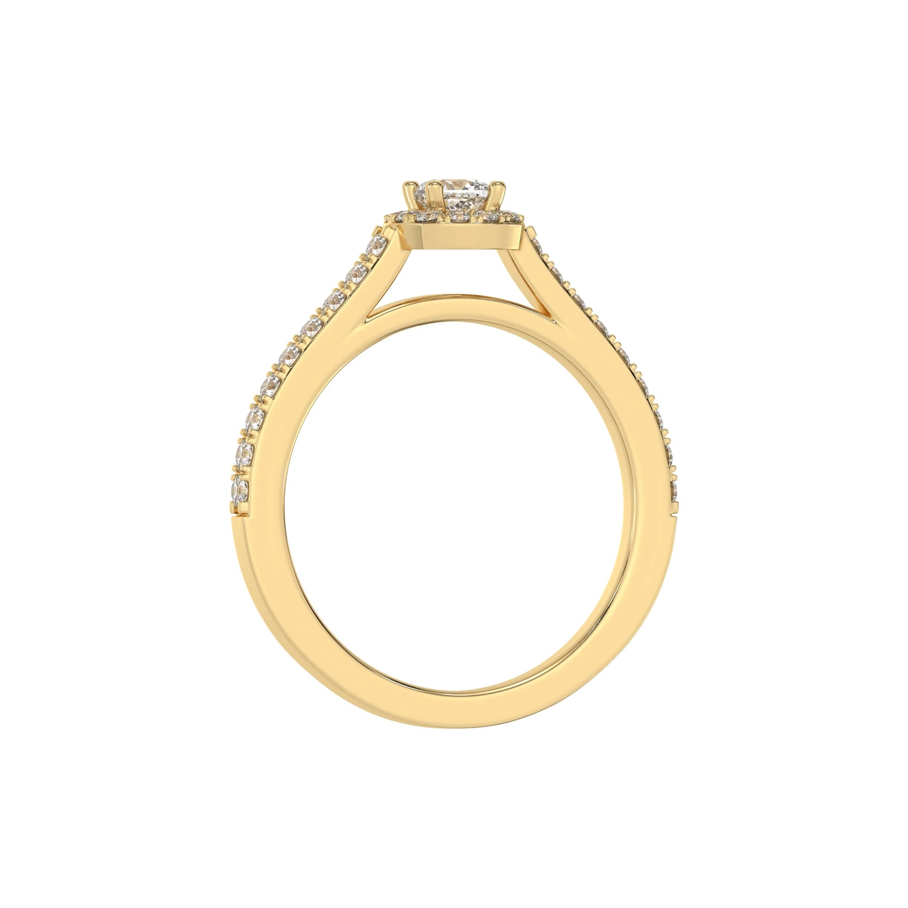 This yellow gold Cushion Diamond Halo Engagement Ring is made with a cushion solitaire diamond set in a four-prong setting, surrounded by a halo of round diamonds all set on a pave band in through finger view