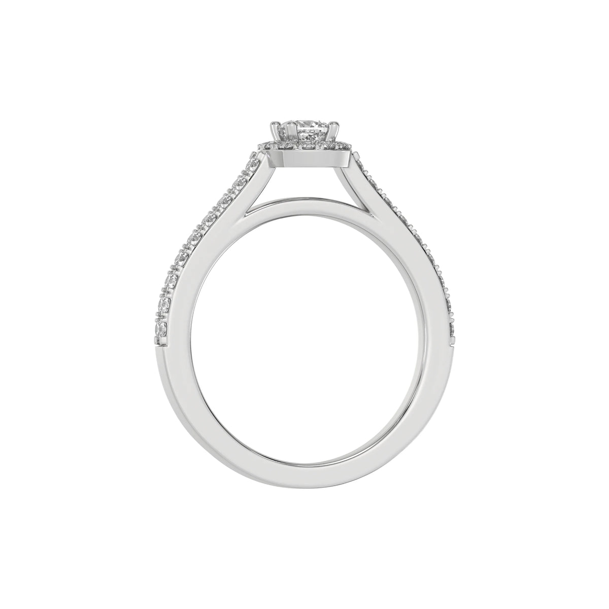 This white gold Cushion Diamond Halo Engagement Ring is made with a cushion solitaire diamond set in a four-prong setting, surrounded by a halo of round diamonds all set on a pave band in through finger view