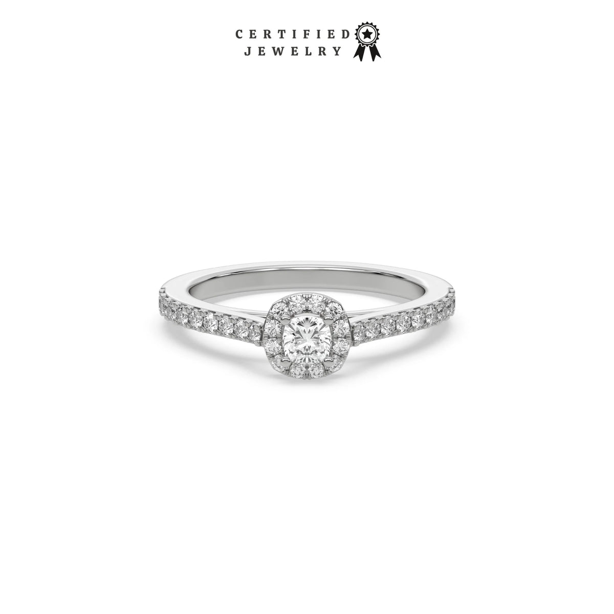 This white gold ring displayed in front view is made with a cushion solitaire diamond set in four-prong setting